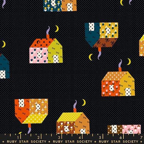 Image of Mystic Fable House Soft Black quilting cotton fabric by Alexia Abegg of Ruby Star Society for Moda Fabrics. Features printed house blocks on a black background. Cute Little Fabric Shop.
