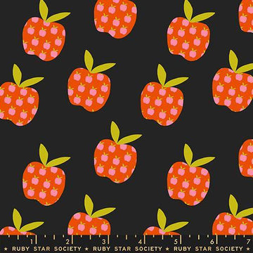 Image of Mystic Fable Apples Soft Black quilting cotton fabric by Alexia Abegg of Ruby Star Society for Moda Fabrics. Features apples on a black background. Cute Little Fabric Shop.