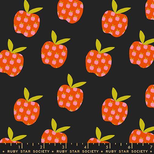 Image of Mystic Fable Apples Soft Black quilting cotton fabric by Alexia Abegg of Ruby Star Society for Moda Fabrics. Features apples on a black background. Cute Little Fabric Shop.