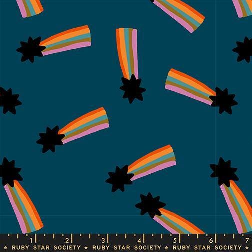 Image of Mystic Fable Shooting Star Galaxy quilting cotton fabric by Alexia Abegg of Ruby Star Society for Moda Fabrics. Features stars on a blue background. Cute Little Fabric Shop.