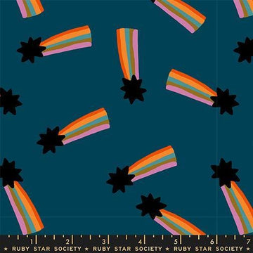 Image of Mystic Fable Shooting Star Galaxy quilting cotton fabric by Alexia Abegg of Ruby Star Society for Moda Fabrics. Features stars on a blue background. Cute Little Fabric Shop.