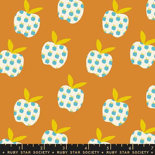 Image of Mystic Fable Apples Caramel quilting cotton fabric by Alexia Abegg of Ruby Star Society for Moda Fabrics. Features apples on an orange background. Cute Little Fabric Shop.