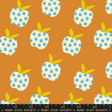 Image of Mystic Fable Apples Caramel quilting cotton fabric by Alexia Abegg of Ruby Star Society for Moda Fabrics. Features apples on an orange background. Cute Little Fabric Shop.