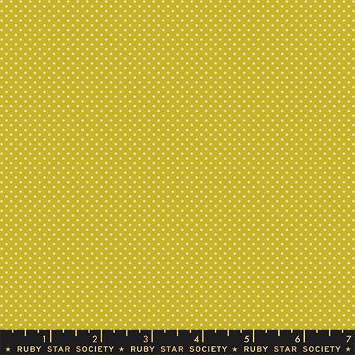 Image of Mystic Fable Mini Pistachio quilting cotton fabric by Alexia Abegg of Ruby Star Society for Moda Fabrics. Features polka dots on a yellow background. Cute Little Fabric Shop.