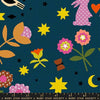 Image of Mystic Fable Novelty Galaxy quilting cotton fabric by Alexia Abegg of Ruby Star Society for Moda Fabrics. Features flowers on a blue background. Cute Little Fabric Shop.