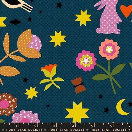 Image of Mystic Fable Novelty Galaxy quilting cotton fabric by Alexia Abegg of Ruby Star Society for Moda Fabrics. Features flowers on a blue background. Cute Little Fabric Shop.