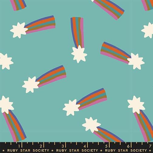 Image of Mystic Fable Shooting Star Cottage Blue quilting cotton fabric by Alexia Abegg of Ruby Star Society for Moda Fabrics. Features stars on a blue background. Cute Little Fabric Shop.