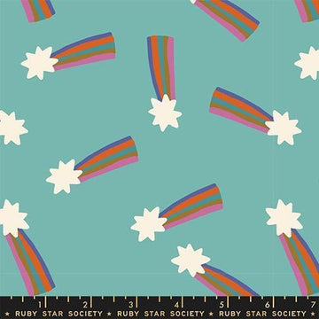 Image of Mystic Fable Shooting Star Cottage Blue quilting cotton fabric by Alexia Abegg of Ruby Star Society for Moda Fabrics. Features stars on a blue background. Cute Little Fabric Shop.