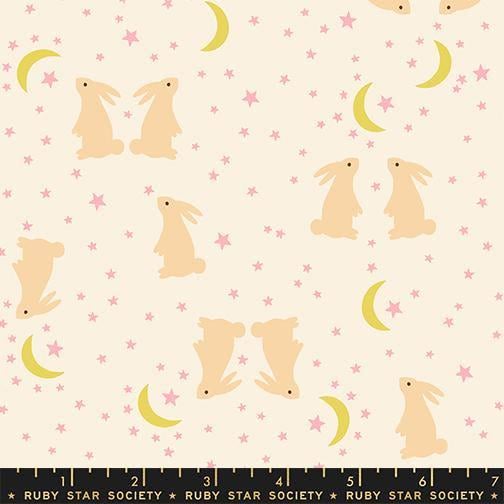 Image of Mystic Fable Bunnies Natural quilting cotton fabric by Alexia Abegg of Ruby Star Society for Moda Fabrics. Features bunnies and stars on a cream background. Cute Little Fabric Shop.