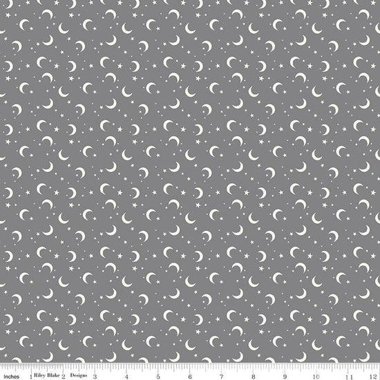 Image of Frank and Friends Moon & Stars Gray quilting cotton fabric by My Mind's Eye for Riley Blake Designs. Features the night sky on a gray background. Cute Little Fabric Shop.