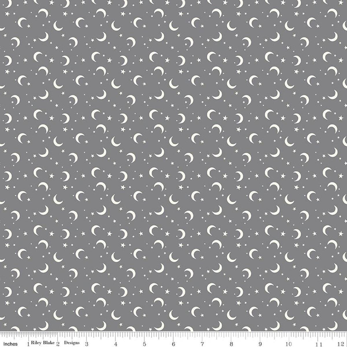 Image of Frank and Friends Moon & Stars Gray quilting cotton fabric by My Mind's Eye for Riley Blake Designs. Features the night sky on a gray background. Cute Little Fabric Shop.