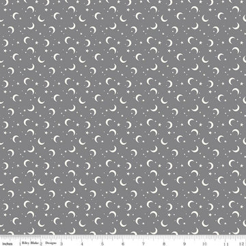 Image of Frank and Friends Moon & Stars Gray quilting cotton fabric by My Mind's Eye for Riley Blake Designs. Features the night sky on a gray background. Cute Little Fabric Shop.