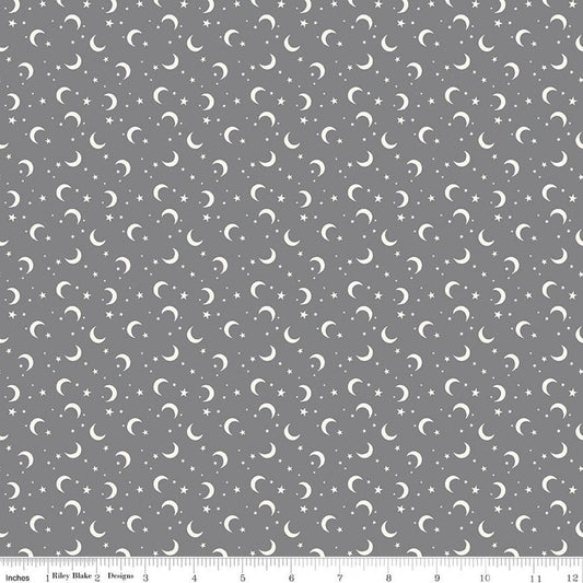 Image of Frank and Friends Moon & Stars Gray quilting cotton fabric by My Mind's Eye for Riley Blake Designs. Features the night sky on a gray background. Cute Little Fabric Shop.