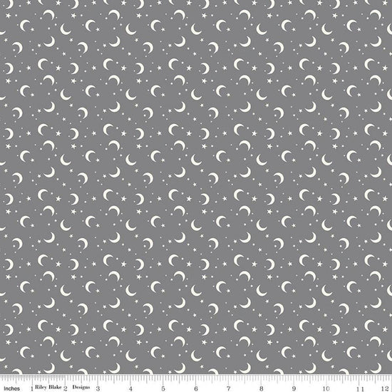 Image of Frank and Friends Moon & Stars Gray quilting cotton fabric by My Mind's Eye for Riley Blake Designs. Features the night sky on a gray background. Cute Little Fabric Shop.