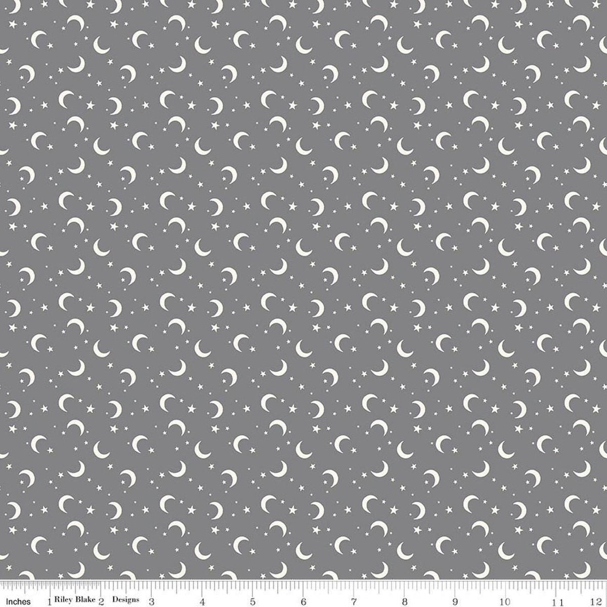 Image of Frank and Friends Moon & Stars Gray quilting cotton fabric by My Mind's Eye for Riley Blake Designs. Features the night sky on a gray background. Cute Little Fabric Shop.