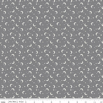 Image of Frank and Friends Moon & Stars Gray quilting cotton fabric by My Mind's Eye for Riley Blake Designs. Features the night sky on a gray background. Cute Little Fabric Shop.