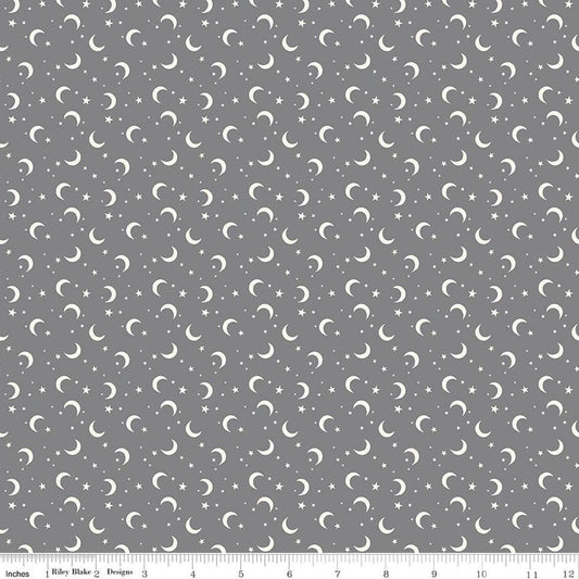 Image of Frank and Friends Moon & Stars Gray quilting cotton fabric by My Mind's Eye for Riley Blake Designs. Features the night sky on a gray background. Cute Little Fabric Shop.