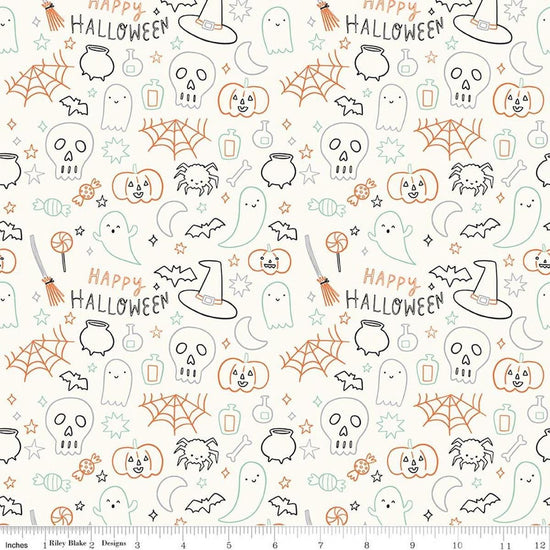 Image of Frank and Friends Halloween Icons Cloud quilting cotton fabric by My Mind's Eye for Riley Blake Designs. Features halloween doodles on a cream background. Cute Little Fabric Shop.