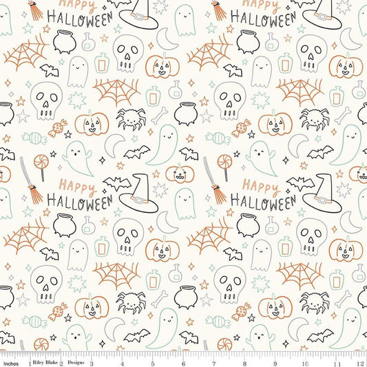 Image of Frank and Friends Halloween Icons Cloud quilting cotton fabric by My Mind's Eye for Riley Blake Designs. Features halloween doodles on a cream background. Cute Little Fabric Shop.