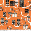 Image of Frank and Friends Houses Orange quilting cotton fabric by My Mind's Eye for Riley Blake Designs. Features houses on an orange background. Cute Little Fabric Shop.