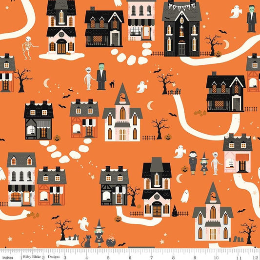 Image of Frank and Friends Houses Orange quilting cotton fabric by My Mind's Eye for Riley Blake Designs. Features houses on an orange background. Cute Little Fabric Shop.