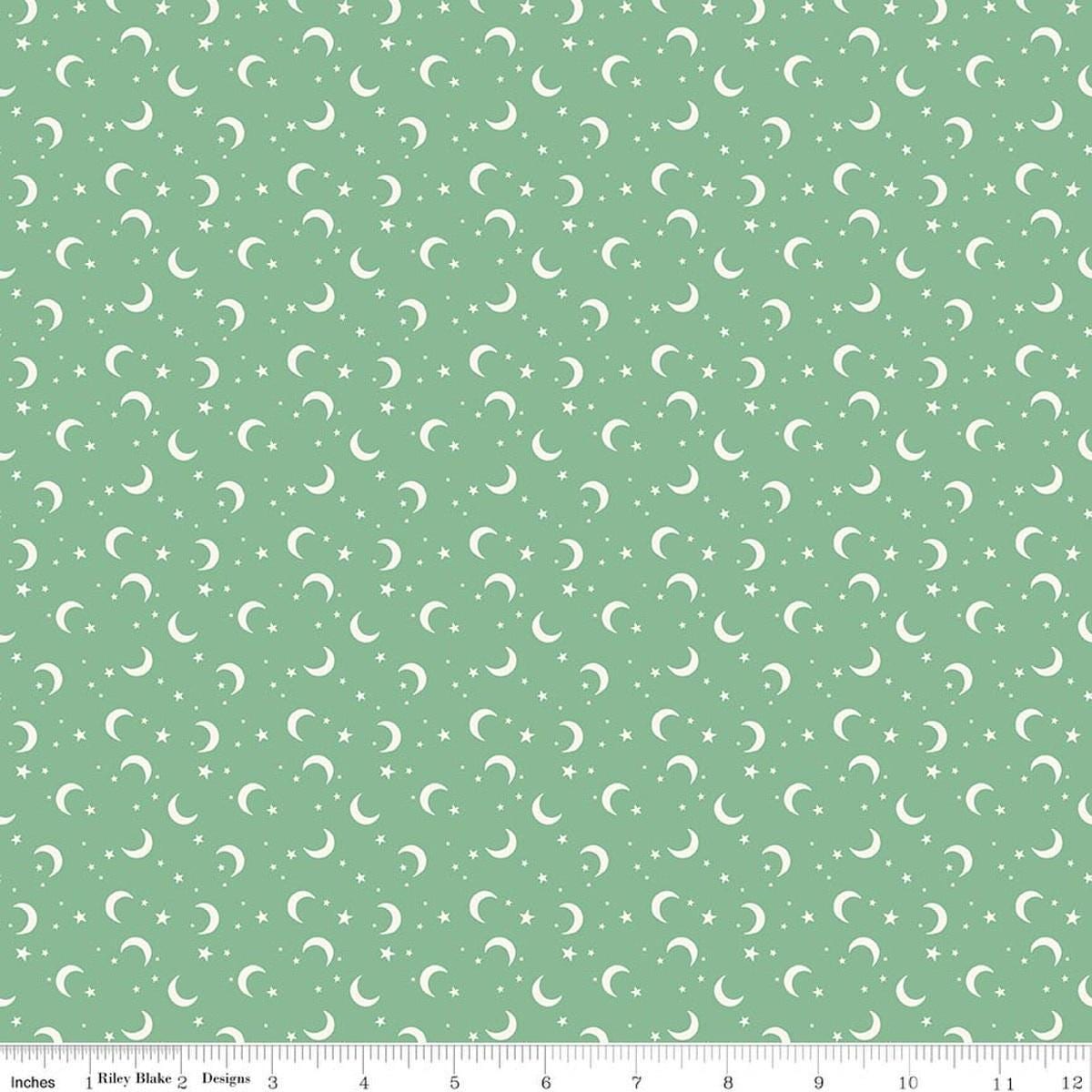 Image of Frank and Friends Moons & Stars Green quilting cotton fabric by My Mind's Eye for Riley Blake Designs. Features the night sky on a green background. Cute Little Fabric Shop.