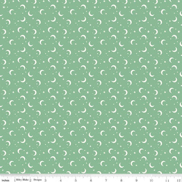Image of Frank and Friends Moons & Stars Green quilting cotton fabric by My Mind's Eye for Riley Blake Designs. Features the night sky on a green background. Cute Little Fabric Shop.