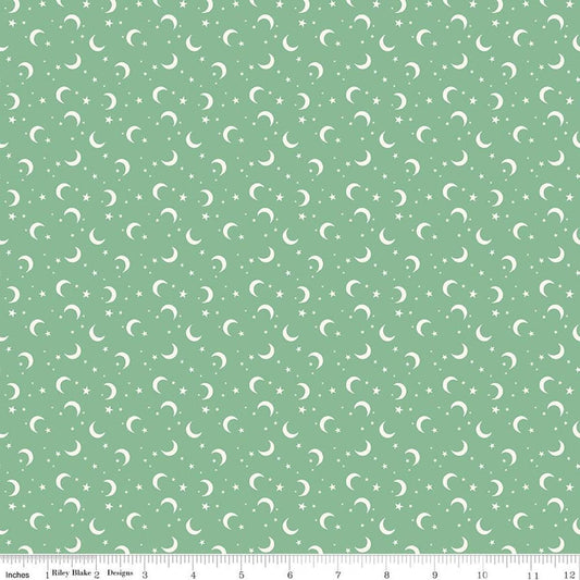 Image of Frank and Friends Moons & Stars Green quilting cotton fabric by My Mind's Eye for Riley Blake Designs. Features the night sky on a green background. Cute Little Fabric Shop.