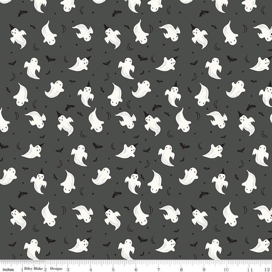 Image of Frank and Friends Ghosts Charcoal Glow in the Dark quilting cotton fabric by My Mind's Eye for Riley Blake Designs. Features ghosts on a gray background. Cute Little Fabric Shop.