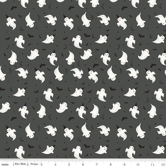 Image of Frank and Friends Ghosts Charcoal Glow in the Dark quilting cotton fabric by My Mind's Eye for Riley Blake Designs. Features ghosts on a gray background. Cute Little Fabric Shop.
