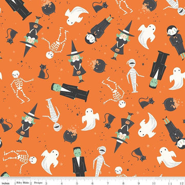 Image of Frank and Friends Main Orange quilting cotton fabric by My Mind's Eye for Riley Blake Designs. Features class halloween characters on an orange background. Cute Little Fabric Shop.