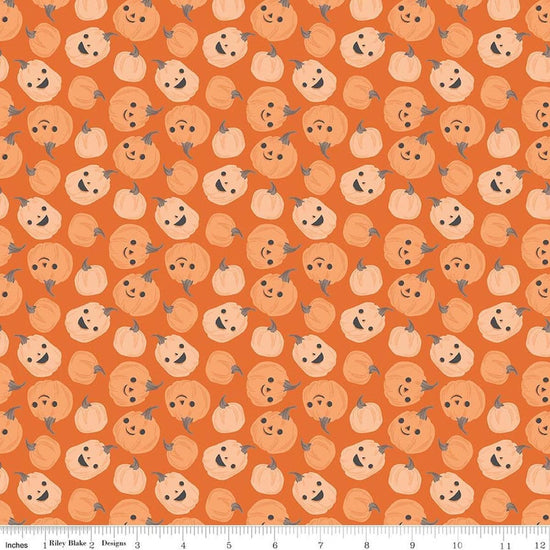 Image of Frank and Friends Pumpkins Orange quilting cotton fabric by My Mind's Eye for Riley Blake Designs. Features pumpkins on an orange background. Cute Little Fabric Shop.