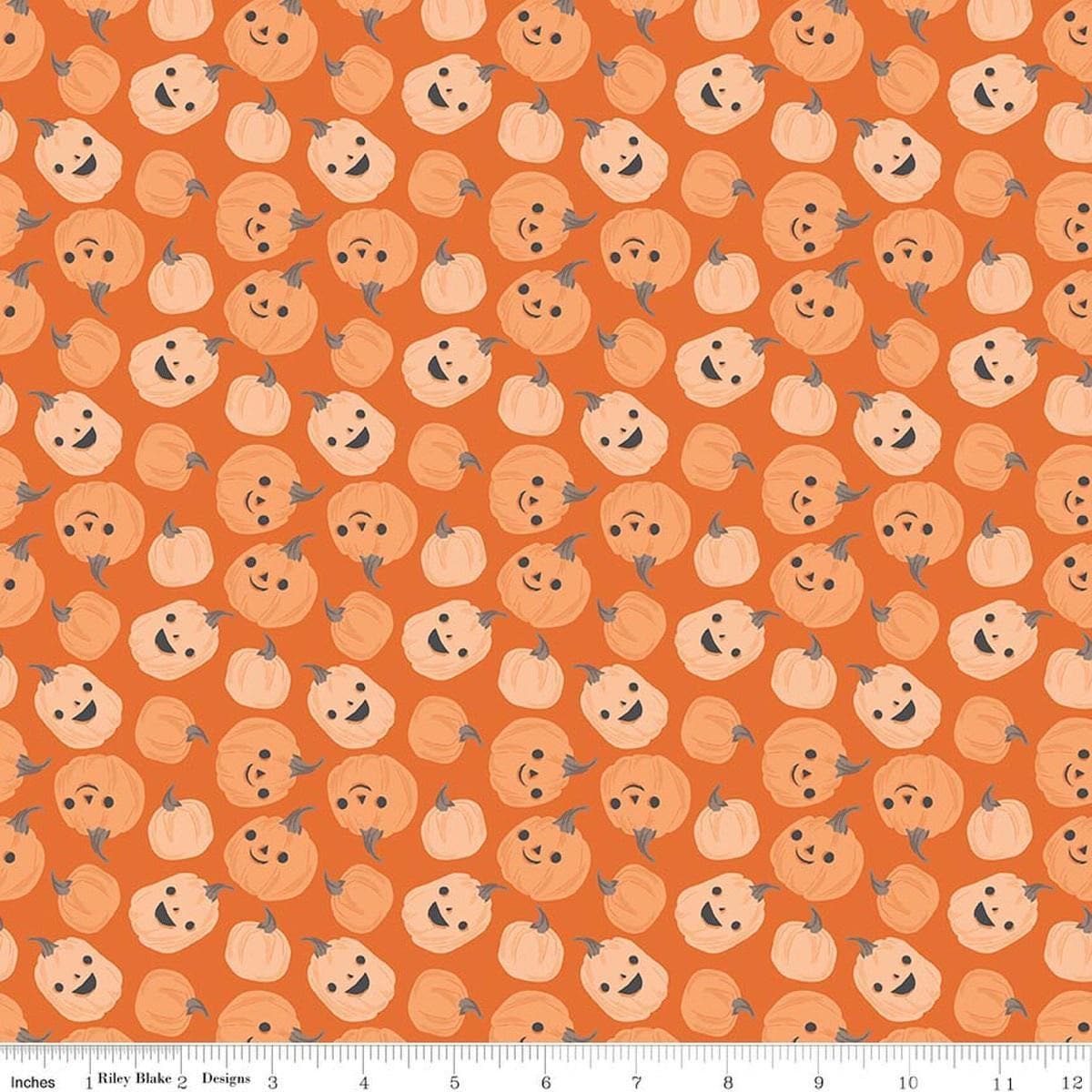 Image of Frank and Friends Pumpkins Orange quilting cotton fabric by My Mind's Eye for Riley Blake Designs. Features pumpkins on an orange background. Cute Little Fabric Shop.