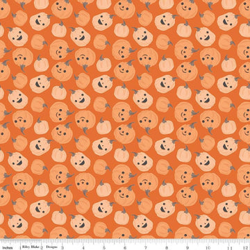 Image of Frank and Friends Pumpkins Orange quilting cotton fabric by My Mind's Eye for Riley Blake Designs. Features pumpkins on an orange background. Cute Little Fabric Shop.