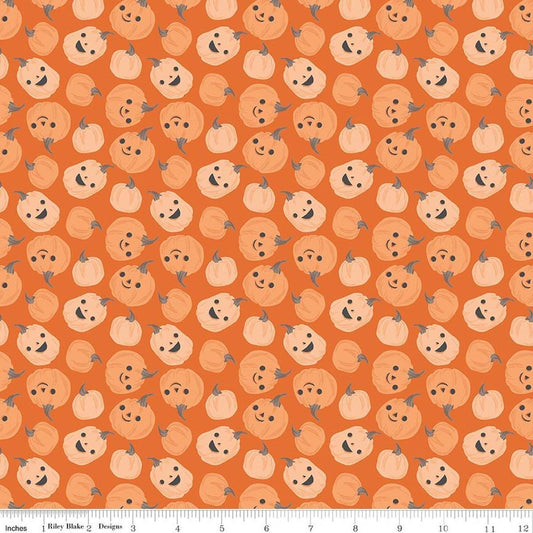 Image of Frank and Friends Pumpkins Orange quilting cotton fabric by My Mind's Eye for Riley Blake Designs. Features pumpkins on an orange background. Cute Little Fabric Shop.