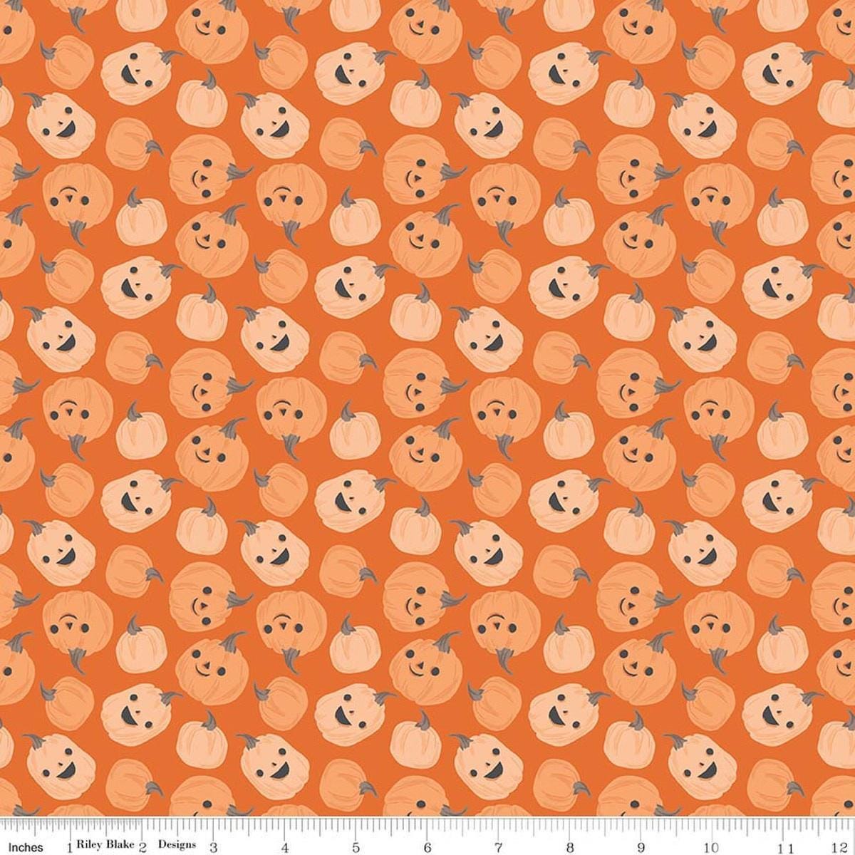 Image of Frank and Friends Pumpkins Orange quilting cotton fabric by My Mind's Eye for Riley Blake Designs. Features pumpkins on an orange background. Cute Little Fabric Shop.