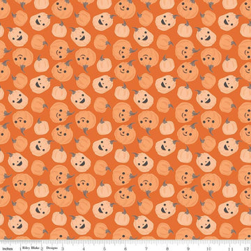 Image of Frank and Friends Pumpkins Orange quilting cotton fabric by My Mind's Eye for Riley Blake Designs. Features pumpkins on an orange background. Cute Little Fabric Shop.