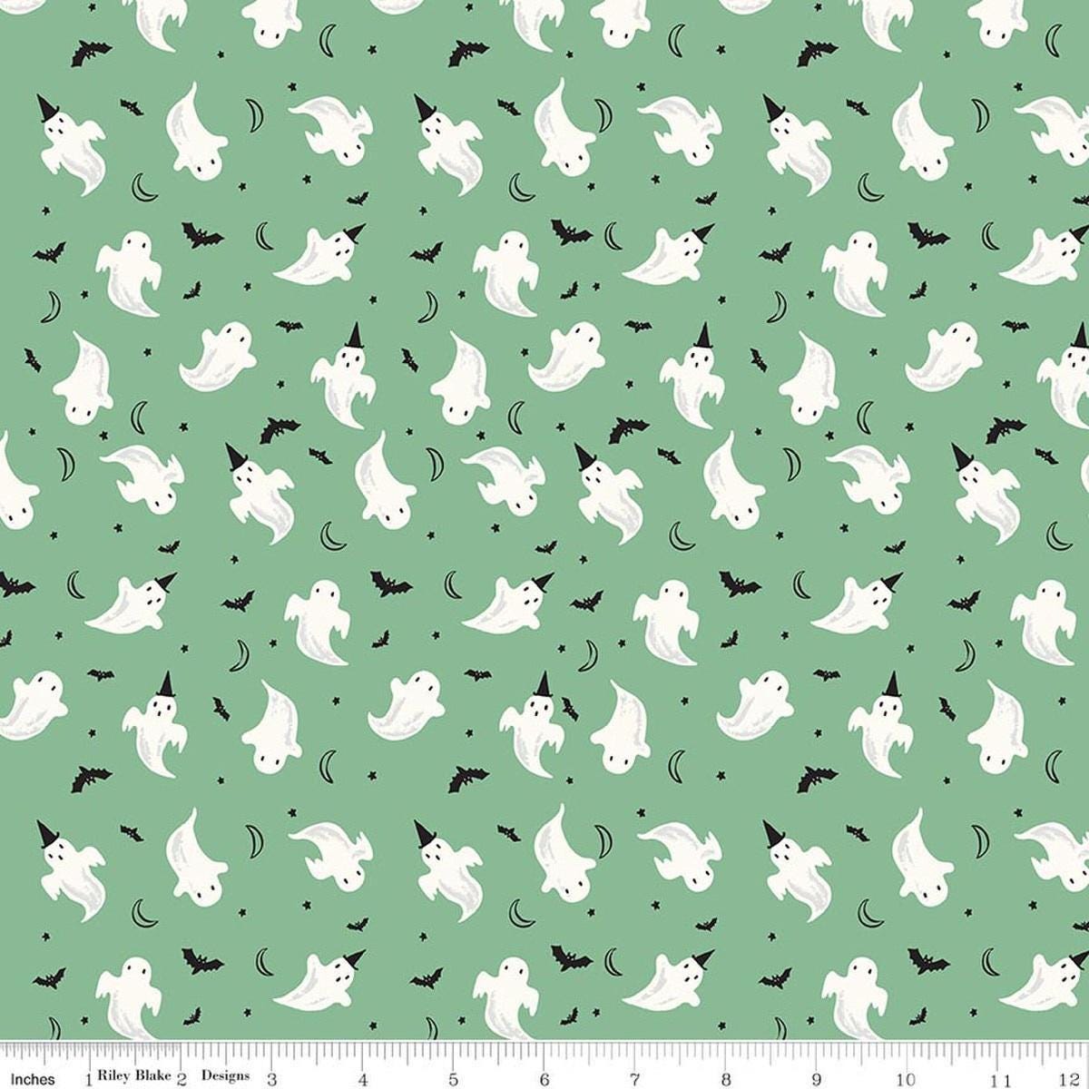Image of Frank and Friends Ghosts Green quilting cotton fabric by My Mind's Eye for Riley Blake Designs. Features ghosts on a green background. Cute Little Fabric Shop.