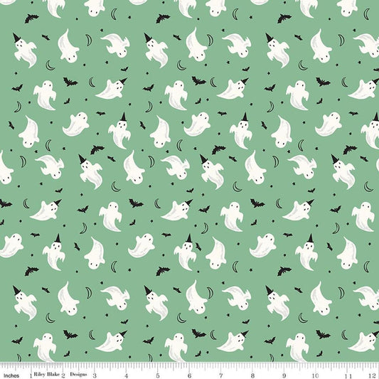 Image of Frank and Friends Ghosts Green quilting cotton fabric by My Mind's Eye for Riley Blake Designs. Features ghosts on a green background. Cute Little Fabric Shop.