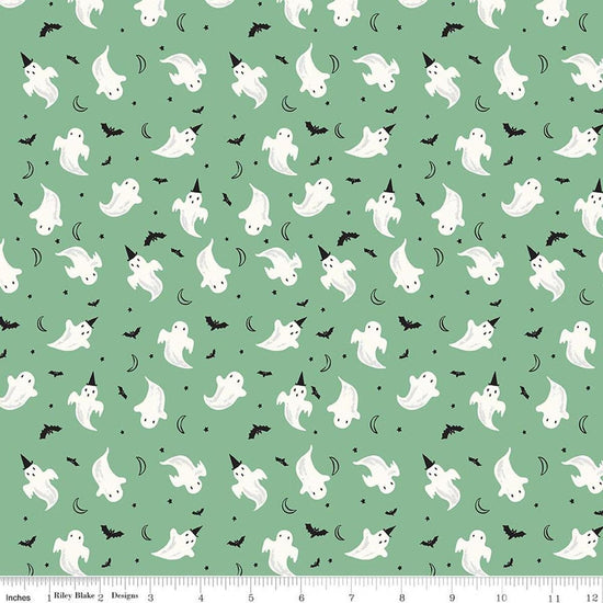 Image of Frank and Friends Ghosts Green quilting cotton fabric by My Mind's Eye for Riley Blake Designs. Features ghosts on a green background. Cute Little Fabric Shop.