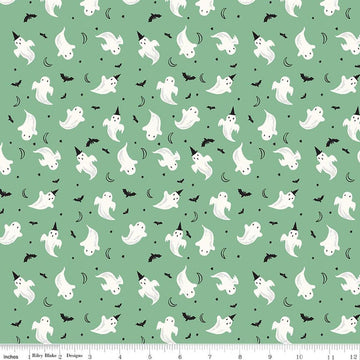 Image of Frank and Friends Ghosts Green quilting cotton fabric by My Mind's Eye for Riley Blake Designs. Features ghosts on a green background. Cute Little Fabric Shop.