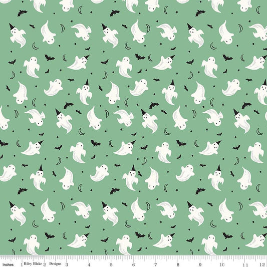 Image of Frank and Friends Ghosts Green quilting cotton fabric by My Mind's Eye for Riley Blake Designs. Features ghosts on a green background. Cute Little Fabric Shop.