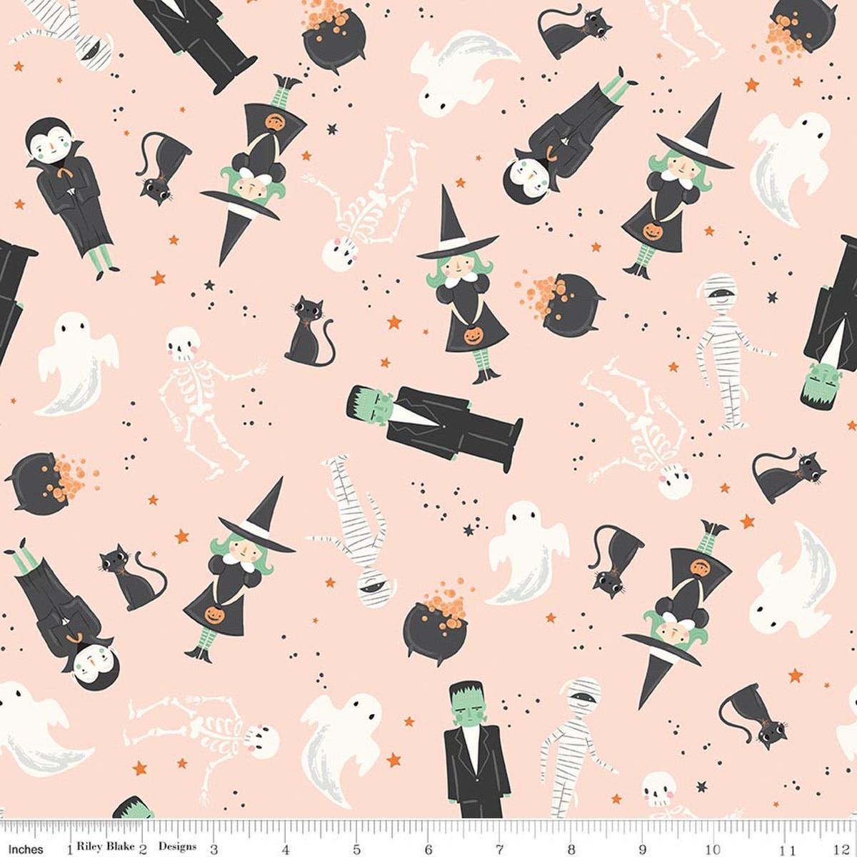Image of Frank and Friends Main Pink quilting cotton fabric by My Mind's Eye for Riley Blake Designs. Features classic halloween characters on a pink background. Cute Little Fabric Shop.