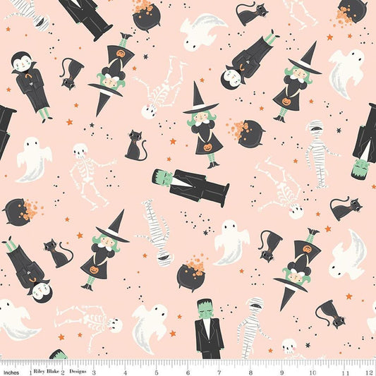 Image of Frank and Friends Main Pink quilting cotton fabric by My Mind's Eye for Riley Blake Designs. Features classic halloween characters on a pink background. Cute Little Fabric Shop.