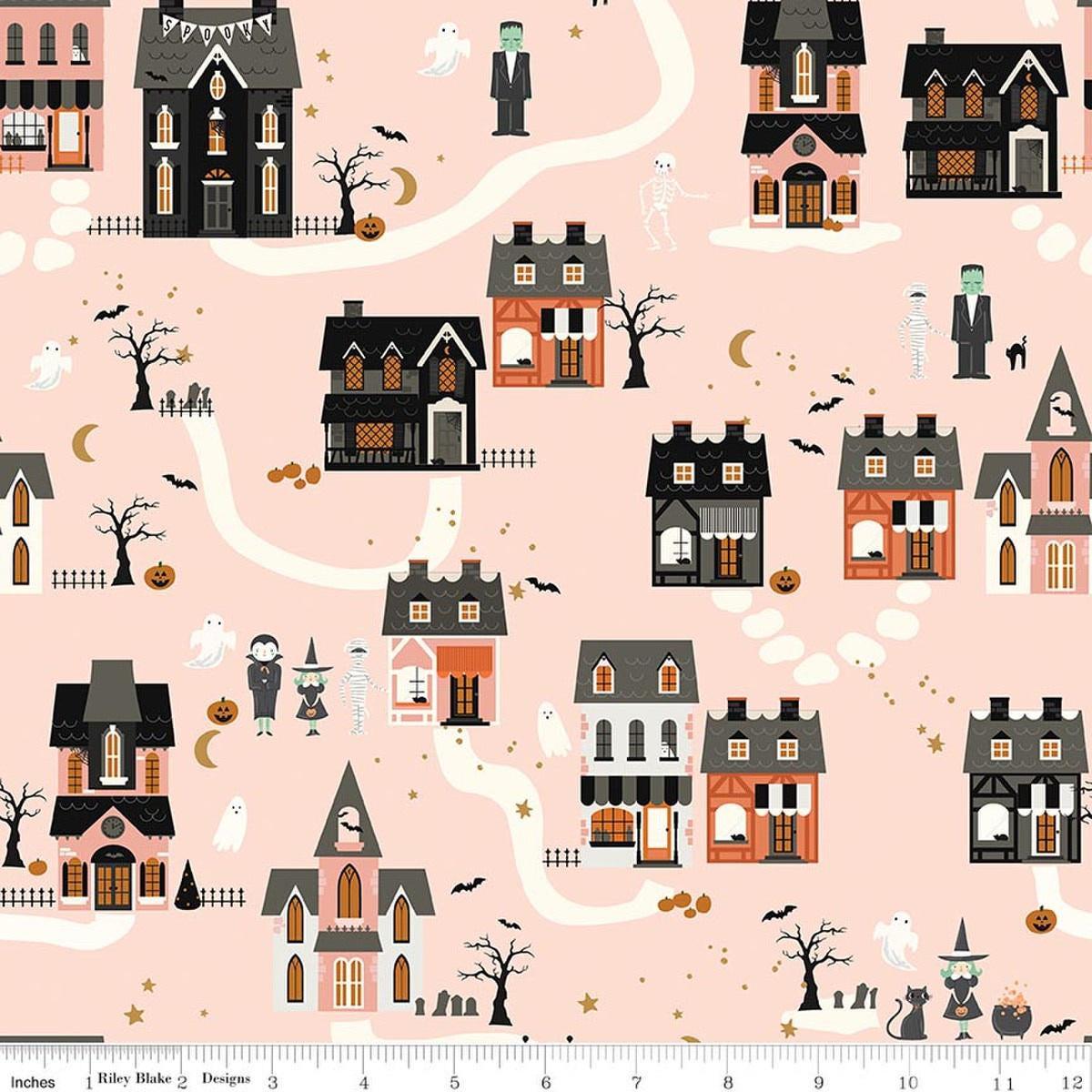 Image of Frank and Friends Houses Pink quilting cotton fabric by My Mind's Eye for Riley Blake Designs. Features houses on a pink background. Cute Little Fabric Shop.