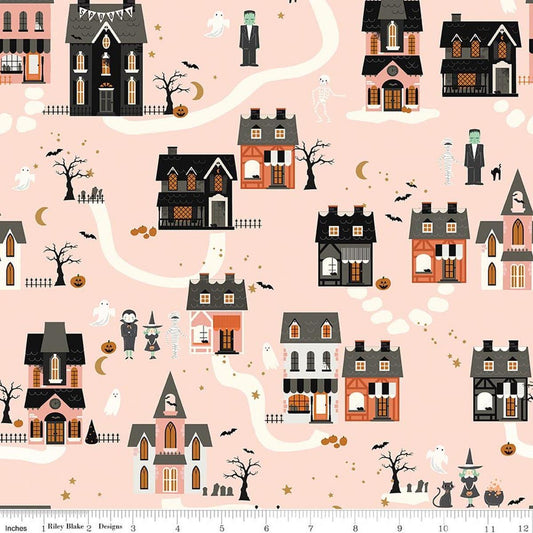 Image of Frank and Friends Houses Pink quilting cotton fabric by My Mind's Eye for Riley Blake Designs. Features houses on a pink background. Cute Little Fabric Shop.