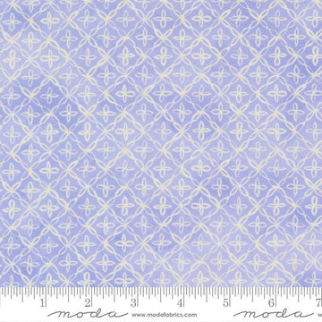 Image of Delphinium Flourish Lilac quilting cotton by Janet Clare for Moda Fabrics. Features a geometric pattern on a blue background. Cute Little Fabric Shop.