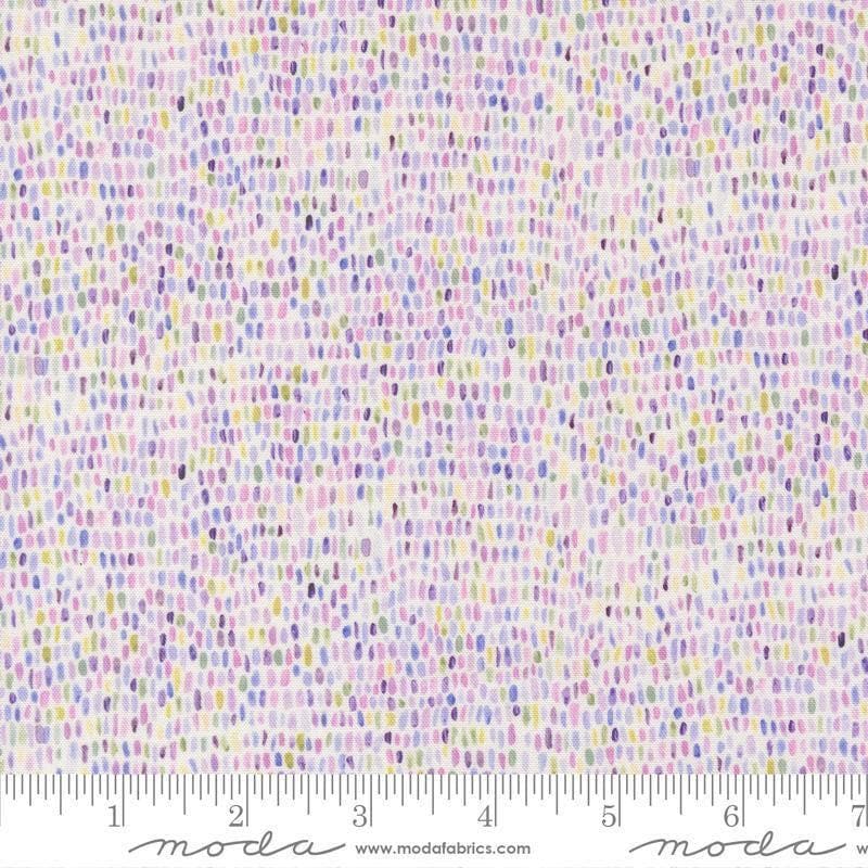 Image of Delphinium Palette Snowdrop quilting cotton by Janet Clare for Moda Fabrics. Features dots on a white background. Cute Little Fabric Shop.