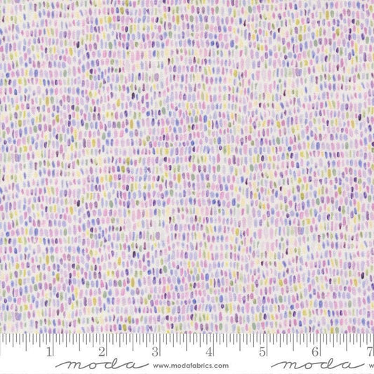 Image of Delphinium Palette Snowdrop quilting cotton by Janet Clare for Moda Fabrics. Features dots on a white background. Cute Little Fabric Shop.