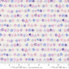 Image of Delphinium Daisy Chain Snowdrop quilting cotton by Janet Clare for Moda Fabrics. Features flowers on a white background. Cute Little Fabric Shop.